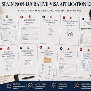 May include: A kit for the Spain Non-Lucrative Visa Application, including forms, templates, and guides. The kit includes a checklist, letter of intent, and financial summary template. The kit is organized and stress-free.