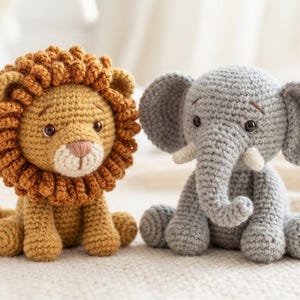 Paquete de patrones de amigurumi de animales a crochet / Tutorial para hacer tú mismo: león, elefante, jirafa, panda y mono (descarga en PDF)