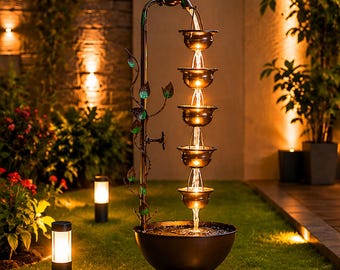 Vintage Outdoor Water Fountain, 6-Tier Hanging Cup Cascade Fountain, Bronze Garden Waterfall Decor, Rustic Fountain, Relaxing Yard Accent,