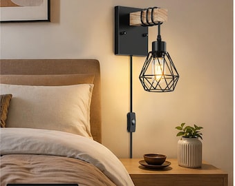 Set of 2 Industrial Plug-in Wall Sconces: Rustic Farmhouse Bedside Lighting Fixture