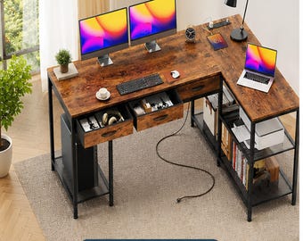 55 Inch L Shaped Desk with Power Outlets, Type-C Port & Fabric Drawers, Rustic Brown Gaming Computer Desk, Corner Study Work Writing Desk