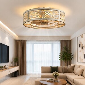 18" White Gold Caged Ceiling Fan with Light & Remote | Rustic Flush Mount Fandelier | Low Profile Bladeless Ceiling Fan for Bedroom Decor
