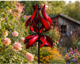 Large Metal Tulip Wind Spinner, Kinetic Garden Art, Outdoor Lawn Decor, Red Sculpture