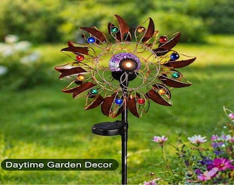Solar Wind Spinner with LED Lights Colorful Glass Ball Outdoor Kinetic Wind Sculpture Lawn Yard Patio Ornament