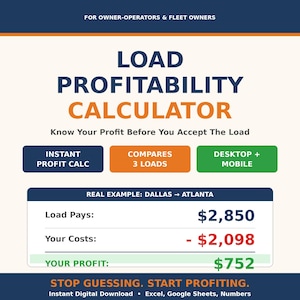 Pode incluir: Gráfico digital para proprietários-operadores e proprietários de frotas, com uma calculadora de rentabilidade de carga. O design inclui o texto "LOAD PROFITABILITY CALCULATOR" e um exemplo real mostrando pagamentos de carga, custos e lucros.