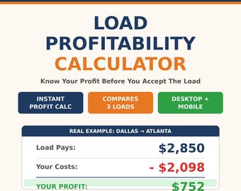 May include: A digital graphic for owner-operators and fleet owners, featuring a load profitability calculator. The design includes the text "LOAD PROFITABILITY CALCULATOR" and a real-world example showing load pays, costs, and profit.