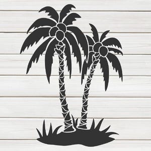 May include: A black silhouette of two palm trees with coconuts and grass at the base, set against a white wooden background. The image is a simple, graphic representation of a tropical scene.
