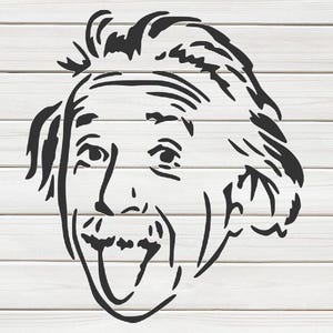 May include: Black line art portrait of Albert Einstein on a white wood background. The illustration depicts Einstein's face with his signature wild hair, mustache, and expressive eyes. The image is a simple, yet recognizable, representation of the famous scientist.