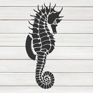 May include: A black seahorse silhouette against a white wood-grain background. The seahorse is depicted in a side profile, showcasing its distinctive curved body, spiky dorsal fin, and curled tail. The design is simple and elegant.