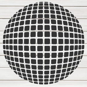 May include: A black and white geometric sphere composed of square shapes. The sphere is centered on a light wood grain background. The design creates a 3D effect, suitable for various decorative applications.