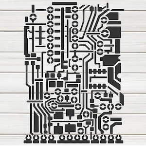 May include: Black stencil of a circuit board design. The design features various geometric shapes, lines, and circles, creating a complex and intricate pattern. The stencil is on a white wooden background.