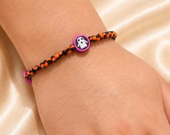 Ghost Bracelet, Cute Ghost Jewelry, Halloween Friendship Bracelet, Orange Black Beaded Gift for Her