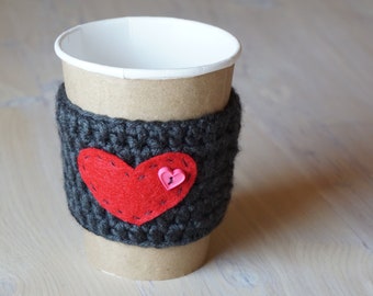 Crochet Coffee Cup Cozy Sleeve in Charcoal with Red Heart,Coffee Cup Sleeve