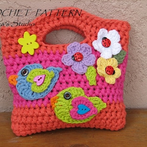 Mädchen Tasche / Geldbörse mit Vögeln und Blumen, Häkelanleitung PDF, einfach, ideal für Anfänger, Muster Nr. 16