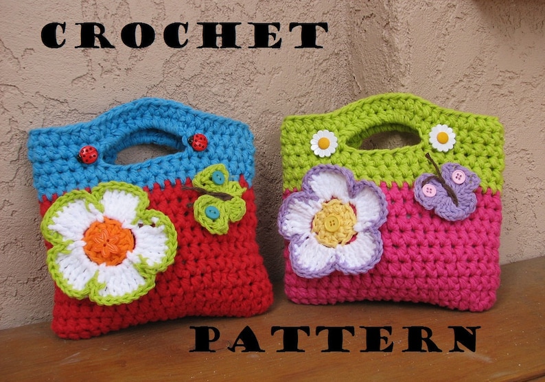 Crochet Bag / Purse with Large Flower and Butterfly, Crochet Pattern PDF,Easy, Great for Beginners, Pattern No. 10 image 1