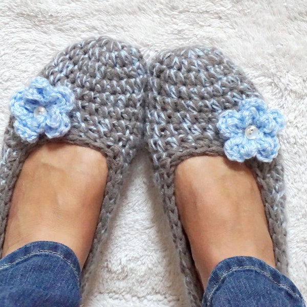 Non Slip Extra thick, Simply slippers in Gray/ Light  Blue Color with Blue Flower, Adult Crochet Slippers , Women slippers,house shoes