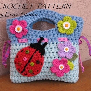Mädchen Tasche / Geldbeutel mit Marienkäfer und Blumen, Häkelanleitung PDF, Muster Nr. 17, ideal für Anfänger