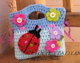 Girls Bag / Purse with Ladybug and Flowers , Crochet Pattern PDF,Easy, Great for Beginners,  Pattern No. 17