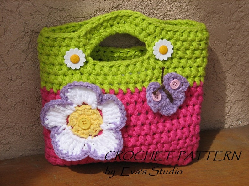 Girls Bag / Purse with Large Flower and Butterfly, Crochet Pattern PDF,Easy, Great for Beginners, Pattern No. 10 image 2