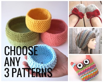 Elige CUALQUIERA 3 PATRONES, Patrón de crochet PDF, Fácil, Ideal para principiantes
