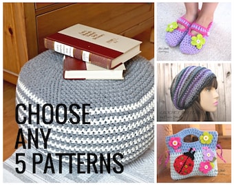 Elija cualquier 5 patrones, Crochet patrón PDF, fácil, excelente para principiantes