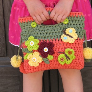 Girls Bag / Purse with Flowers Butterfly and Pom Pom, Crochet Pattern PDF,Easy, Great for Beginners, Pattern No. 9 image 3