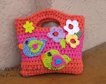 Bolso/Monedero Niña con Pájaros y Flores, Patrón de Ganchillo PDF,Fácil, Ideal para Principiantes, Patrón No. 16