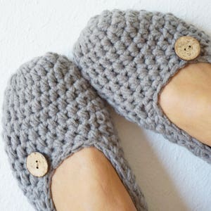 Crochet Chunky Women Slippers Adult Crochet Slippers in Grey with Button, Home Shoes, Crochet Women Slippers image 1