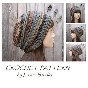 Puede incluir: Patrón de crochet para un gorro beanie holgado en hilo marrón, verde y gris. El gorro se muestra en un maniquí con cabello largo y castaño. El patrón es de Eva's Studio.