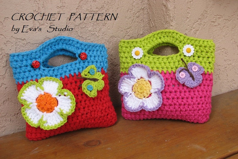 Girls Bag / Purse with Large Flower and Butterfly, Crochet Pattern PDF,Easy, Great for Beginners, Pattern No. 10 image 1