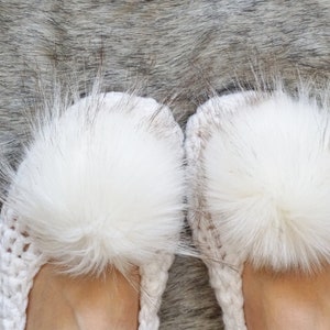 White Wedding Slippers with Pom Pom in White with Brown Ends, Bridal, Slippers,Adult Crochet Slippers Women Slippers House Shoes, Non Slip