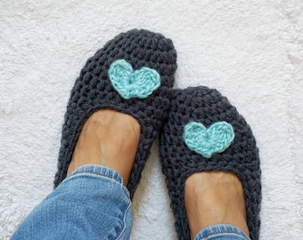 Extra thick, Simply slippers in Charcoal with Light Blue Heart, Adult Crochet Slippers, Women slippers,house shoes, Non Slip Sole