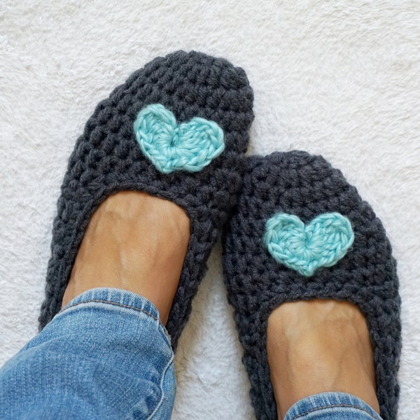 Extra thick, Simply slippers in Charcoal with Light Blue Heart, Adult Crochet Slippers, Women slippers,house shoes, Non Slip Sole