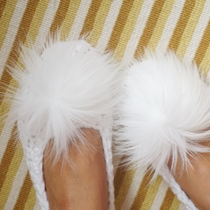 White Wedding Slippers with Pom Pom, Bridal Slippers, Chunky Slippers,Adult Crochet Slippers Women Slippers House Shoes, Non Slip