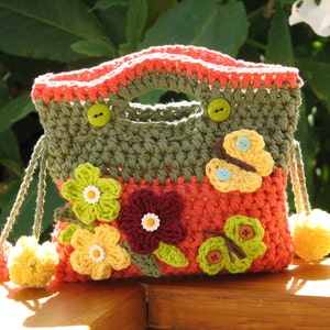 Girls Bag / Purse with Flowers Butterfly and Pom Pom, Crochet Pattern PDF,Easy, Great for Beginners, Pattern No. 9 image 4