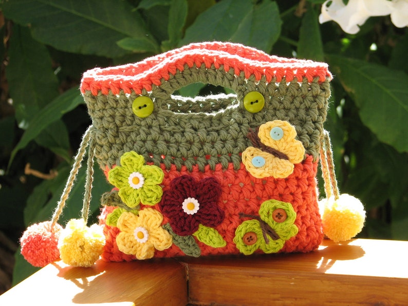 Girls Bag / Purse with Flowers Butterfly and Pom Pom, Crochet Pattern PDF,Easy, Great for Beginners, Pattern No. 9 image 4