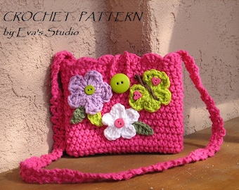 May include: A pink crocheted purse with a flower and butterfly design. The purse has a long strap and is decorated with green leaves and colorful buttons.