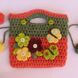 Girls Bag / Purse with Flowers Butterfly and Pom Pom, Crochet Pattern PDF,Easy, Great for Beginners, Pattern No. 9 image 2