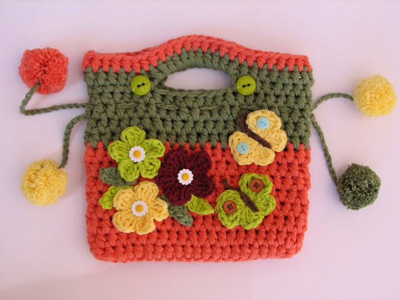 Girls Bag / Purse with Flowers Butterfly and Pom Pom, Crochet Pattern PDF,Easy, Great for Beginners, Pattern No. 9 image 2