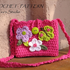 Mädchen Tasche / Geldbeutel mit Schmetterling und Blumen, Häkelanleitung PDF, einfach, ideal für Anfänger, Muster Nr. 13
