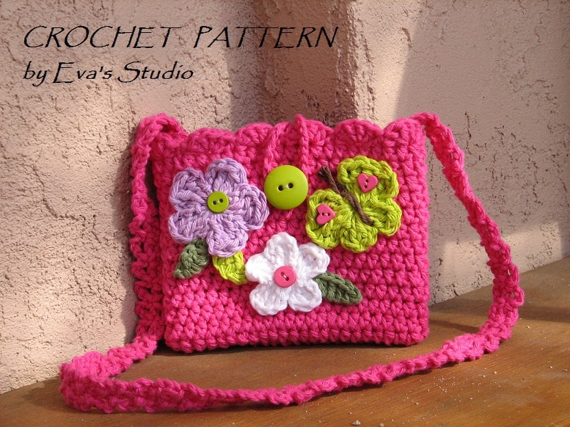 Girls Bag Purse With Butterfly and Flowers Crochet Pattern Pdf