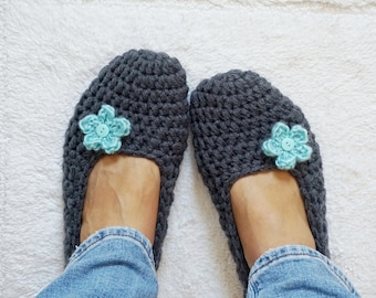 Extra thick, Simply slippers in Charcoal with Light Blue Flower, Adult Crochet Slippers, Women slippers,house shoes, Non Slip Sole