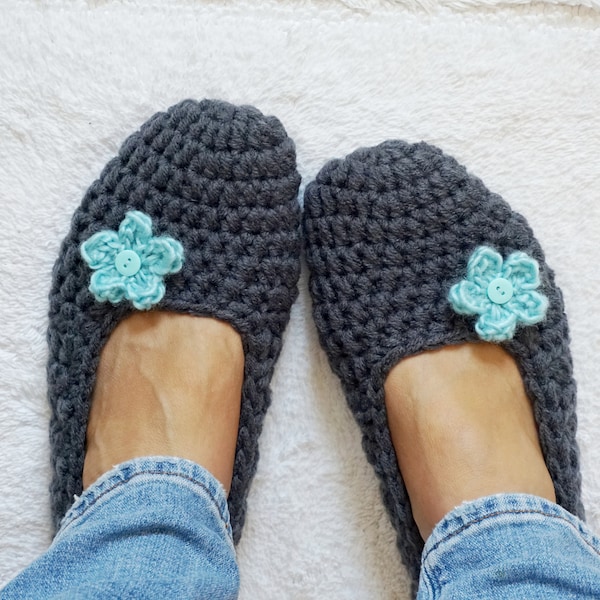 Extra thick, Simply slippers in Charcoal with Light Blue Flower, Adult Crochet Slippers, Women slippers,house shoes, Non Slip Sole