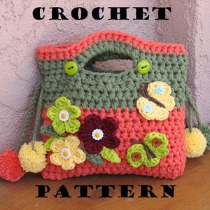 Mädchen Tasche / Geldbörse mit Blumen Schmetterling und Pom Pom, Häkelanleitung PDF, einfach, ideal für Anfänger, Muster Nr. 9