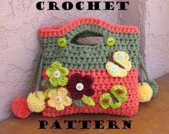 Girls Bag / Purse with Flowers Butterfly and Pom Pom, Crochet Pattern PDF,Easy, Great for Beginners,  Pattern No. 9