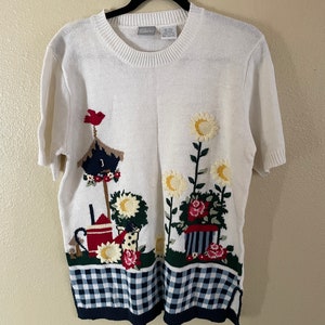 Vintage 90s Blair Womens Birdhouse Flower Garden Knit Sweater Medium