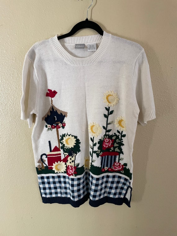 Vintage 90s Blair Womens Birdhouse Flower Garden Knit Sweater