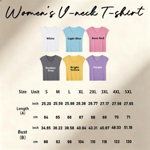 May include: A V-neck T-shirt color chart featuring six options: white, light blue, rose red, heather grey, bright yellow, and purple. A size chart is included below, listing lengths and bust measurements in both inches and centimeters for sizes S to 5XL.