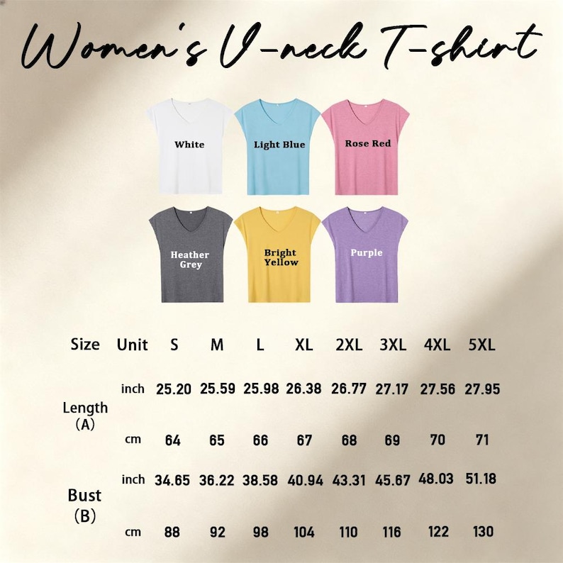 May include: A V-neck T-shirt color chart featuring six options: white, light blue, rose red, heather grey, bright yellow, and purple. A size chart is included below, listing lengths and bust measurements in both inches and centimeters for sizes S to 5XL.