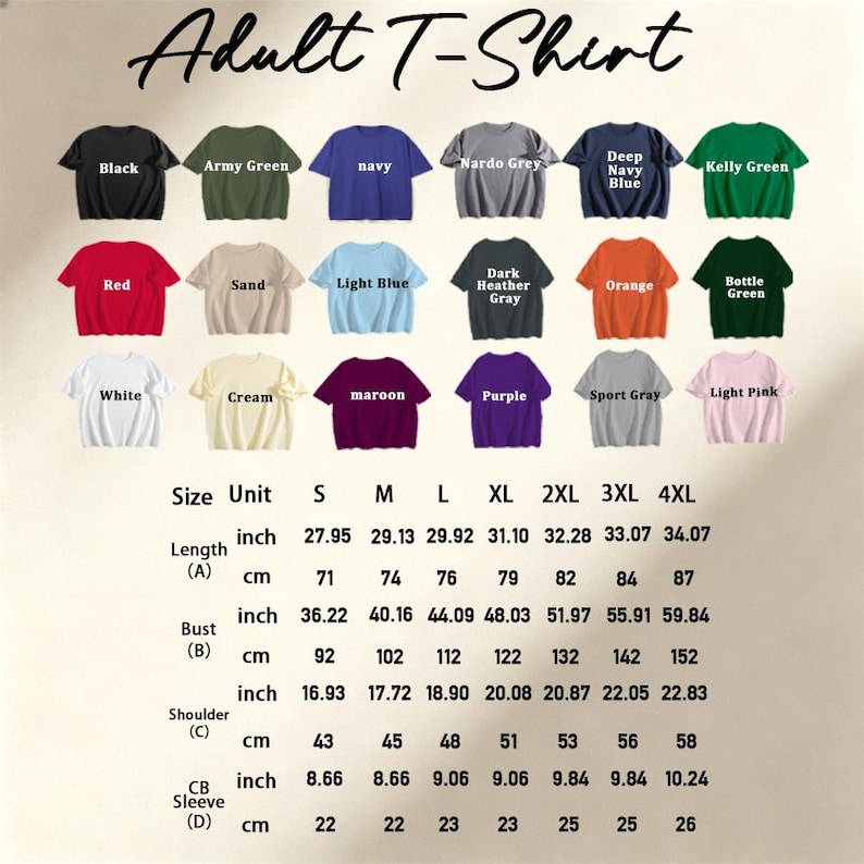 May include: A color chart for an adult t-shirt displaying eighteen different color options including black, navy, red, and white. Below the shirts, a size chart provides measurements in inches and centimeters for length, bust, shoulder, and sleeve.
